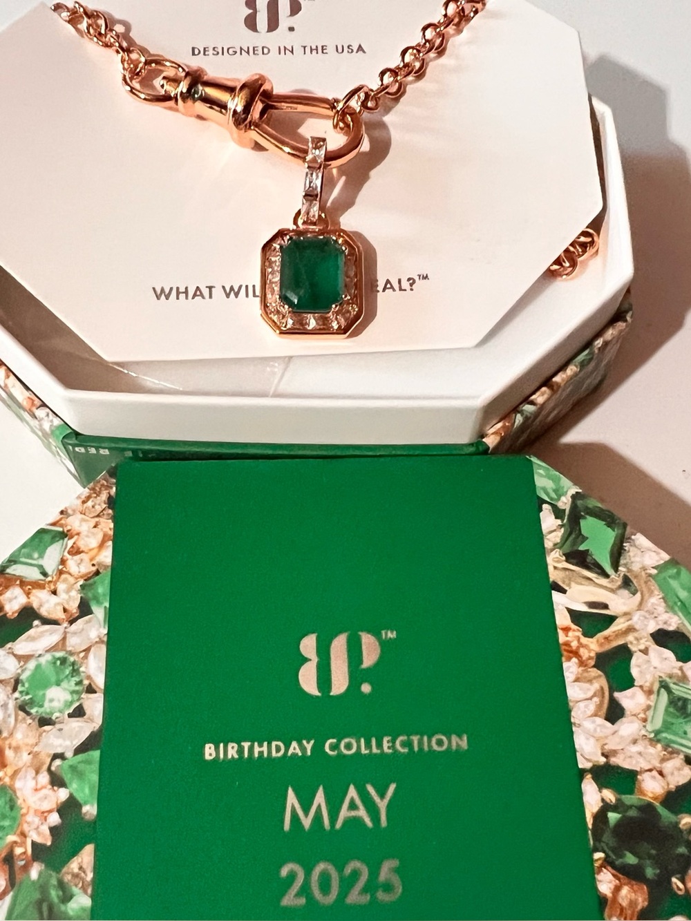 NWT bp Rose Gold Necklace with Green Emerald-Style Pendant
